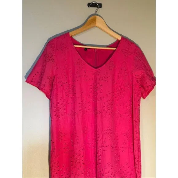Talbots Size 16 Embroidered Eyelet Lace Tee Shirt Dress Hot Pink Spring Vacation - Picture 5 of 15